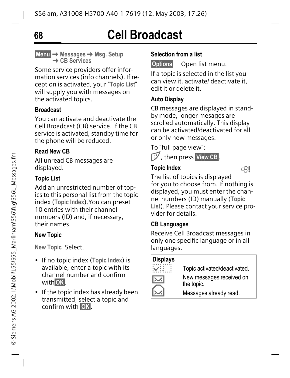 Cell broadcast | Siemens S56 User Manual | Page 68 / 152