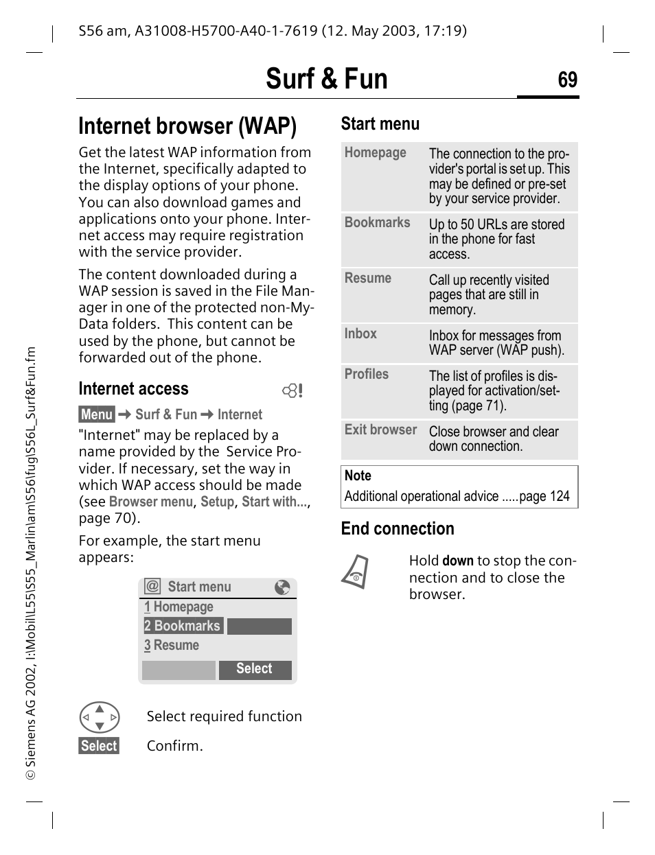 Surf & fun, Internet browser (wap), Internet access | Start menu, End connection, Start menu end connection | Siemens S56 User Manual | Page 69 / 152