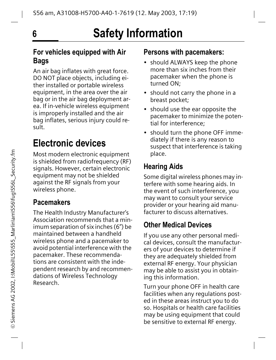 Electronic devices, Pacemakers, Persons with pacemakers | Hearing aids, Other medical devices, Safety information, For vehicles equipped with air bags | Siemens S56 User Manual | Page 7 / 152