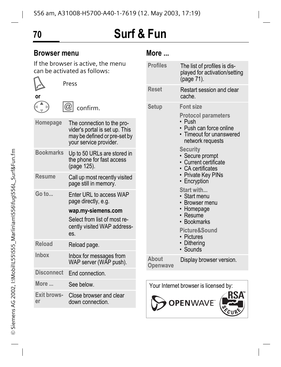 Surf & fun, Browser menu, More | Siemens S56 User Manual | Page 70 / 152