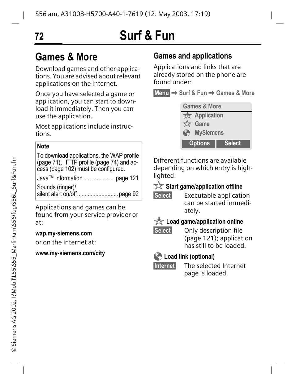 Games & more, Surf & fun, Games and applications | Siemens S56 User Manual | Page 72 / 152