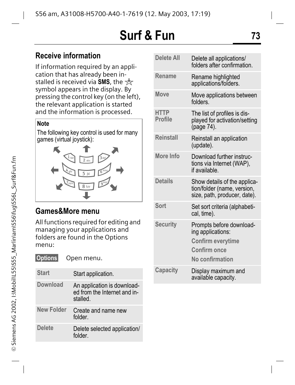 Games&more menu, Surf & fun | Siemens S56 User Manual | Page 73 / 152