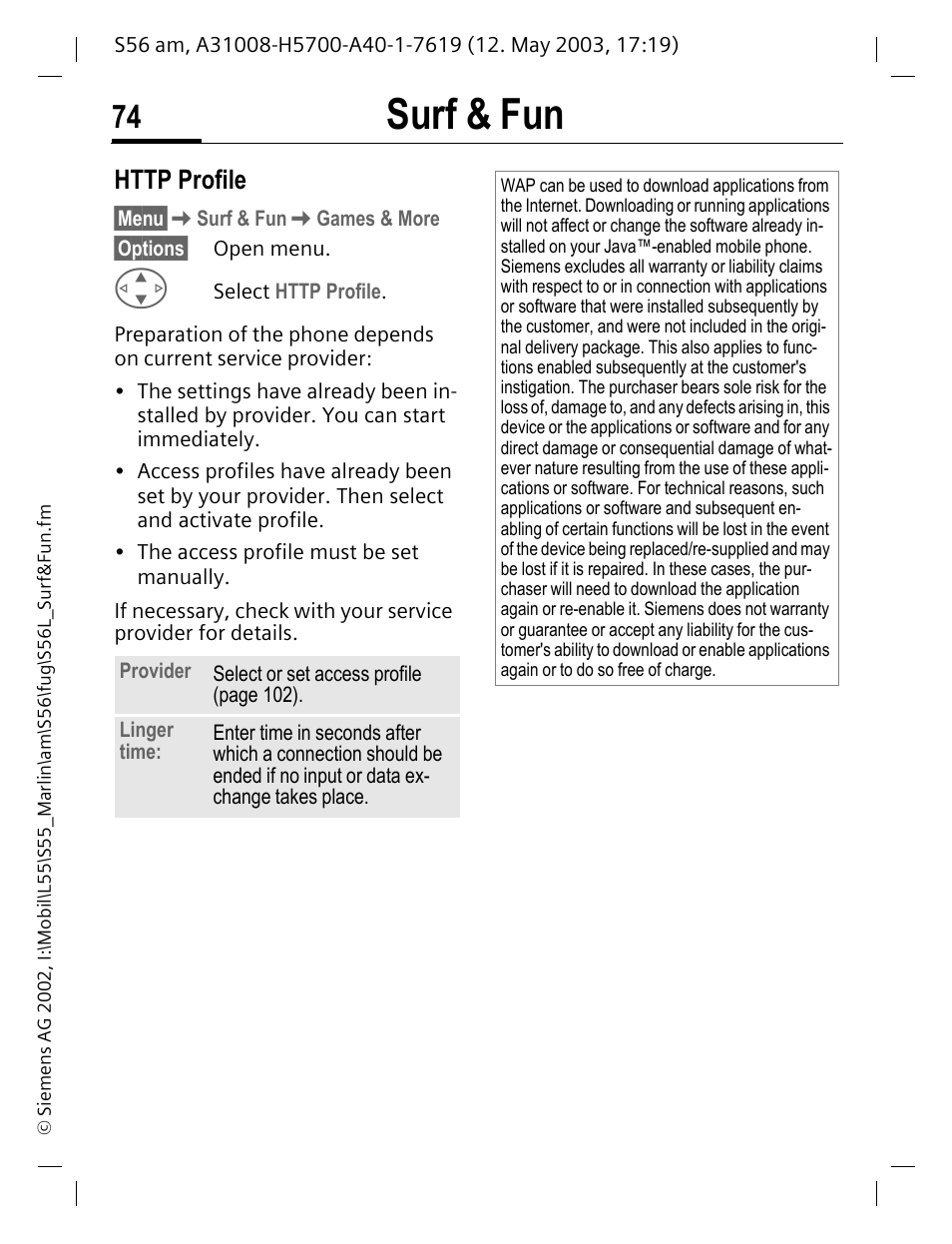 Surf & fun | Siemens S56 User Manual | Page 74 / 152