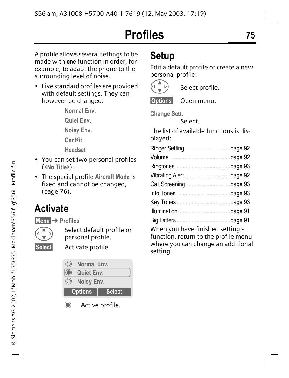 Profiles, Activate, Setup | Siemens S56 User Manual | Page 75 / 152