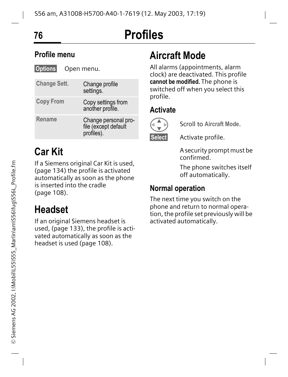 Activate, Normal operation, P. 76) | Profiles, Car kit, Headset, Aircraft mode, Profile menu | Siemens S56 User Manual | Page 76 / 152