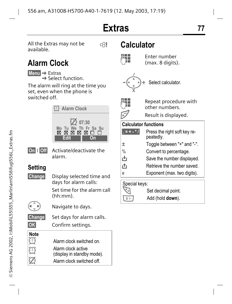 Extras, Alarm clock, Setting | Calculator | Siemens S56 User Manual | Page 77 / 152