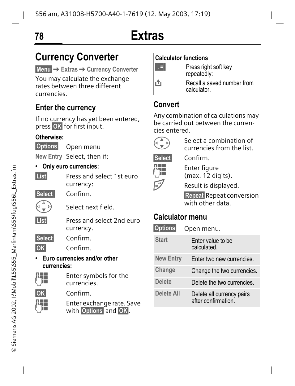 Enter the currency, Convert, Calculator menu | Currency converter, Extras | Siemens S56 User Manual | Page 78 / 152