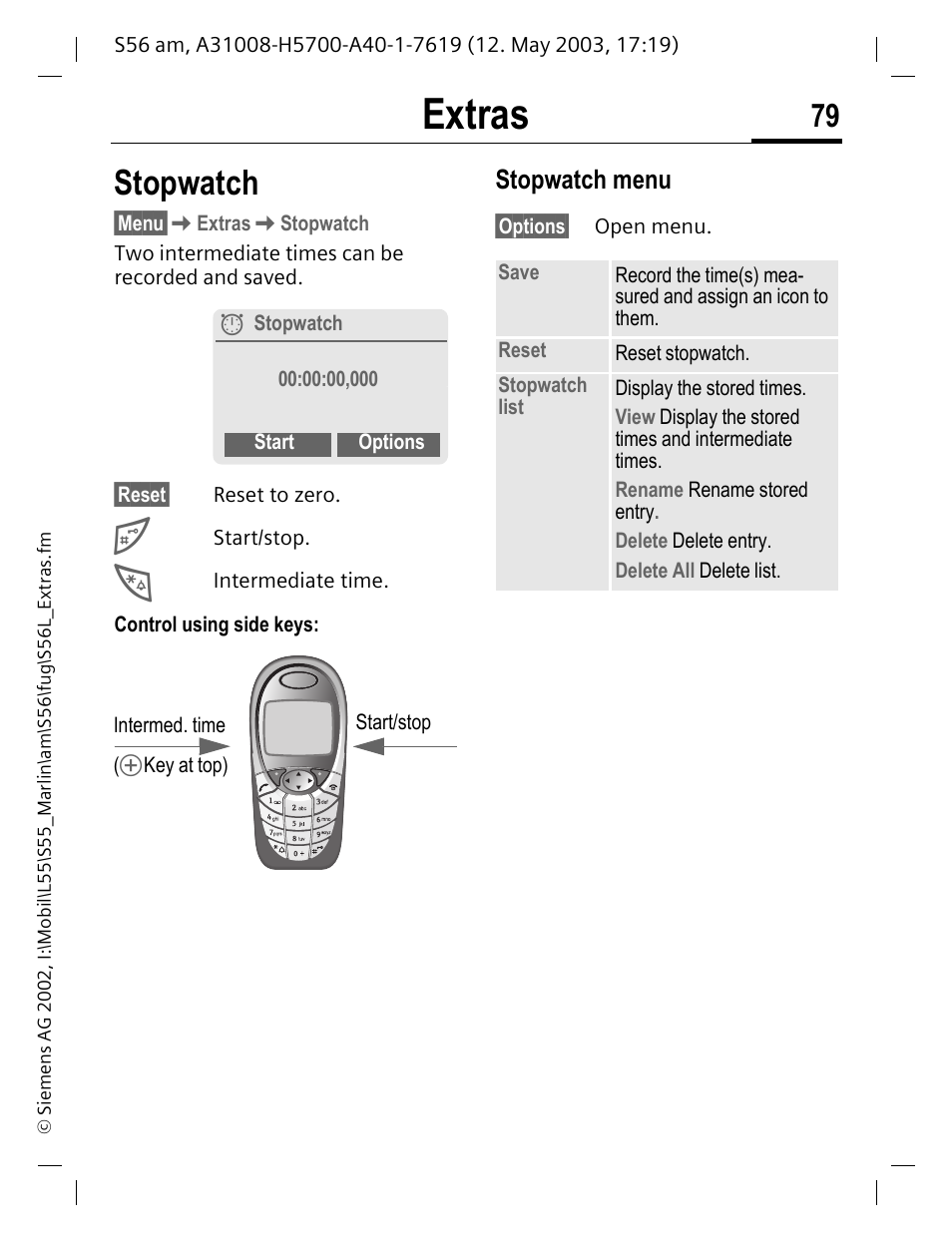 Stopwatch, Extras, Stopwatch menu | Siemens S56 User Manual | Page 79 / 152