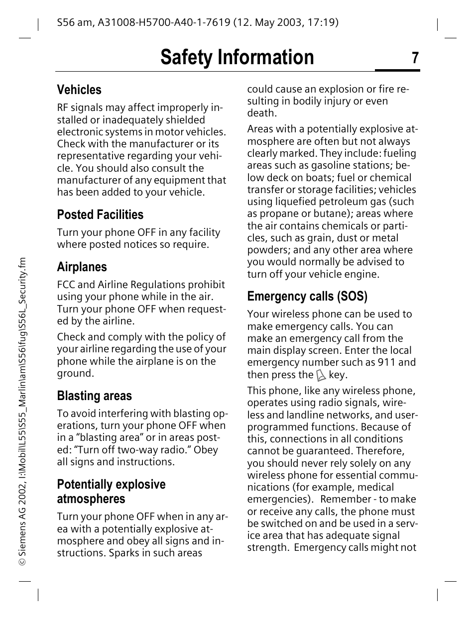 Vehicles, Posted facilities, Airplanes | Blasting areas, Potentially explosive atmospheres, Emergency calls (sos), Safety information | Siemens S56 User Manual | Page 8 / 152