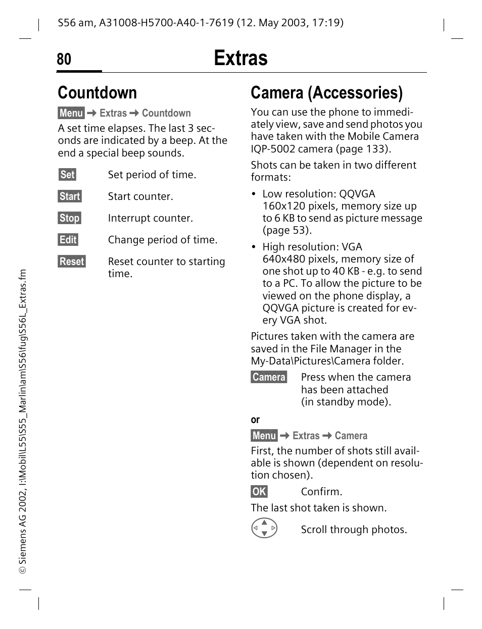 Countdown camera (accessories), Extras, Countdown | Camera (accessories) | Siemens S56 User Manual | Page 80 / 152