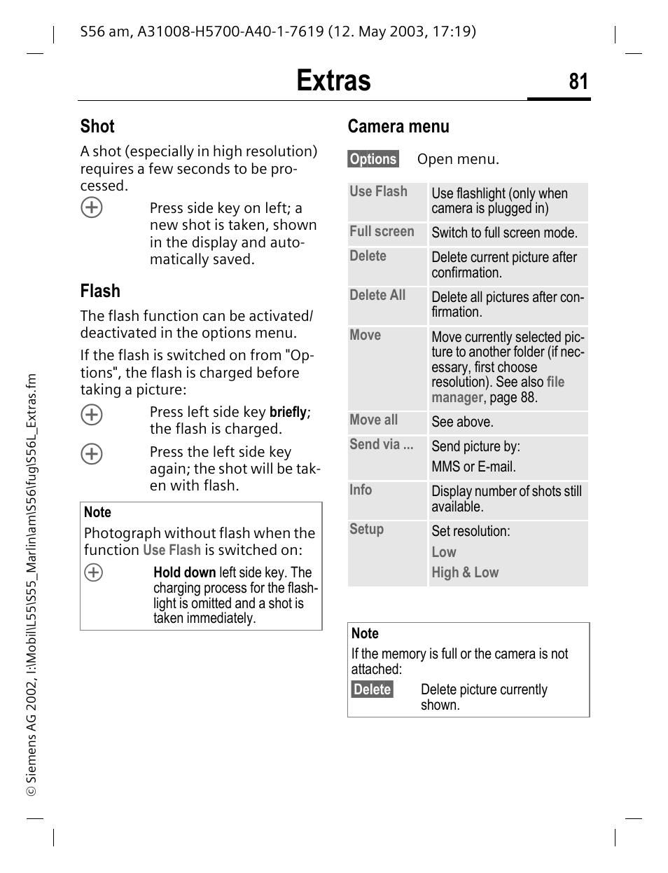 Flash, Extras, Shot | Camera menu | Siemens S56 User Manual | Page 81 / 152