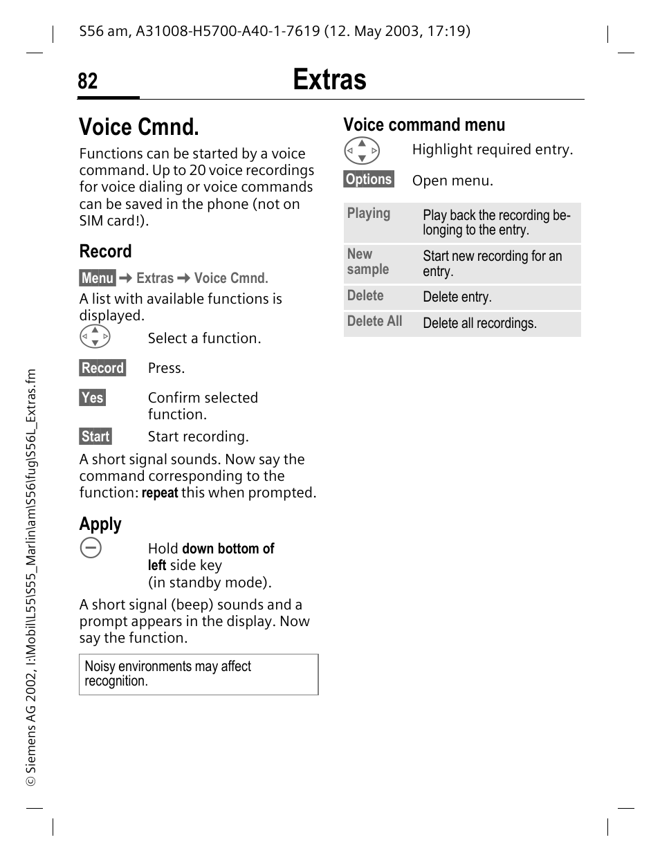 Record, Apply, Voice command | Extras, Voice cmnd, Voice command menu | Siemens S56 User Manual | Page 82 / 152