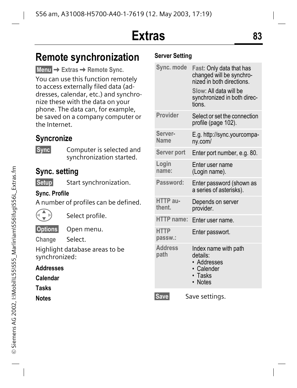 Syncronize, Sync. setting, Remote synchronization | Extras | Siemens S56 User Manual | Page 83 / 152