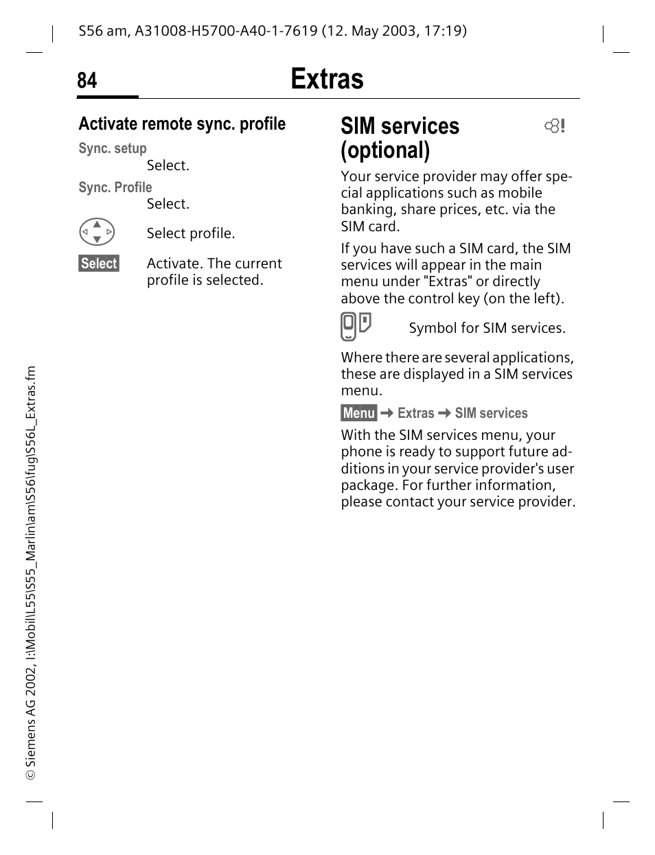 Sim services, Extras, Optional) | Siemens S56 User Manual | Page 84 / 152