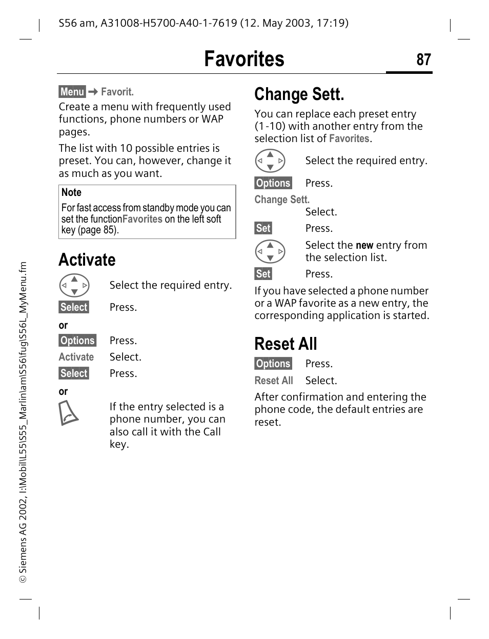 Favorites, Activate, Change sett | Reset all | Siemens S56 User Manual | Page 87 / 152