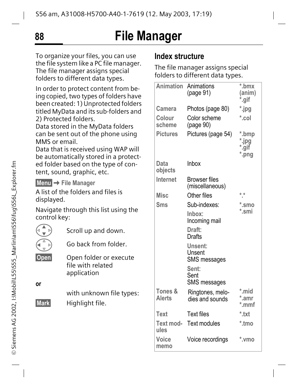 File manager, Index structure | Siemens S56 User Manual | Page 88 / 152