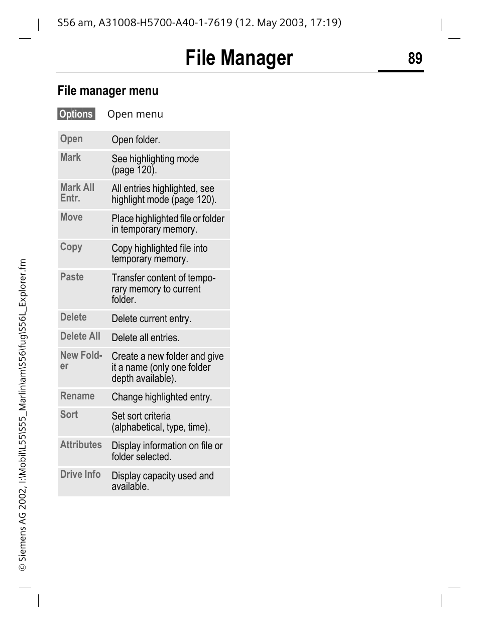 File manager, File manager menu | Siemens S56 User Manual | Page 89 / 152