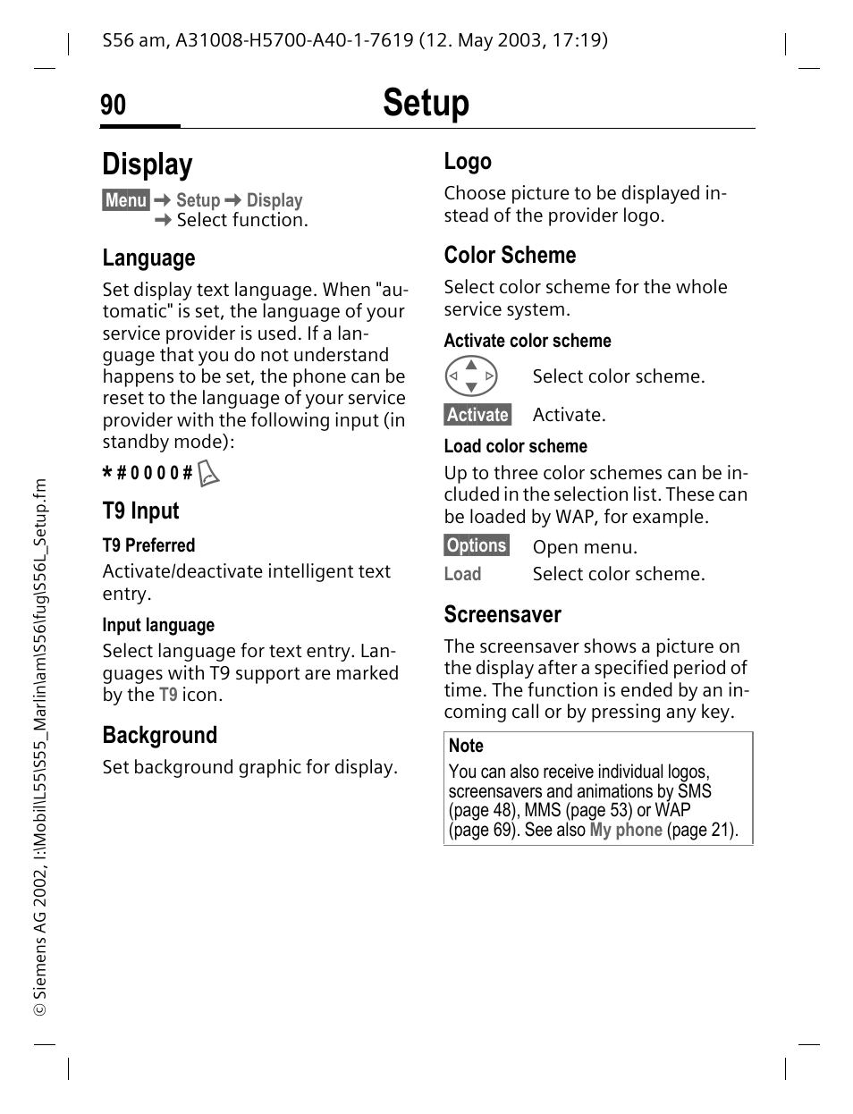 Setup, Display, Language | T9 input, Background, Color scheme, Screensaver, At9 input, Logo | Siemens S56 User Manual | Page 90 / 152