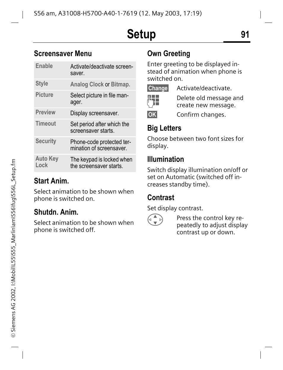 Start anim, Shutdn. anim, Big letters | Illumination, Contrast, Setup, Screensaver menu start anim, Own greeting | Siemens S56 User Manual | Page 91 / 152