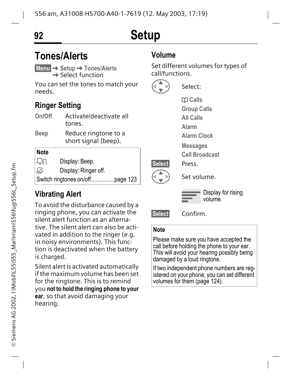 Ringer setting, Vibrating alert, Tones/alerts | Setup, Volume | Siemens S56 User Manual | Page 92 / 152