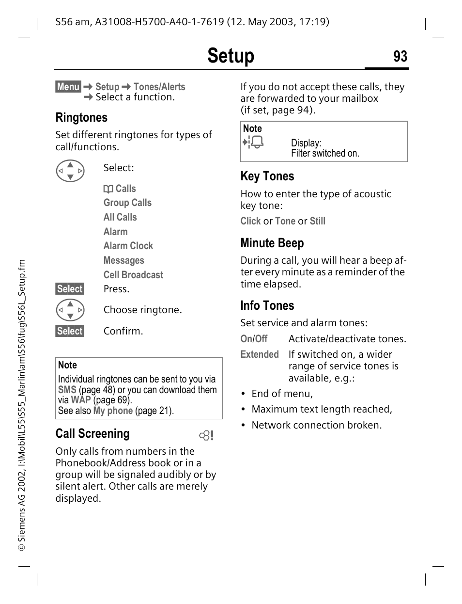 Ringtones, Call screening, Key tones | Minute beep, Info tones, P. 93), P. 93) and, Setup | Siemens S56 User Manual | Page 93 / 152