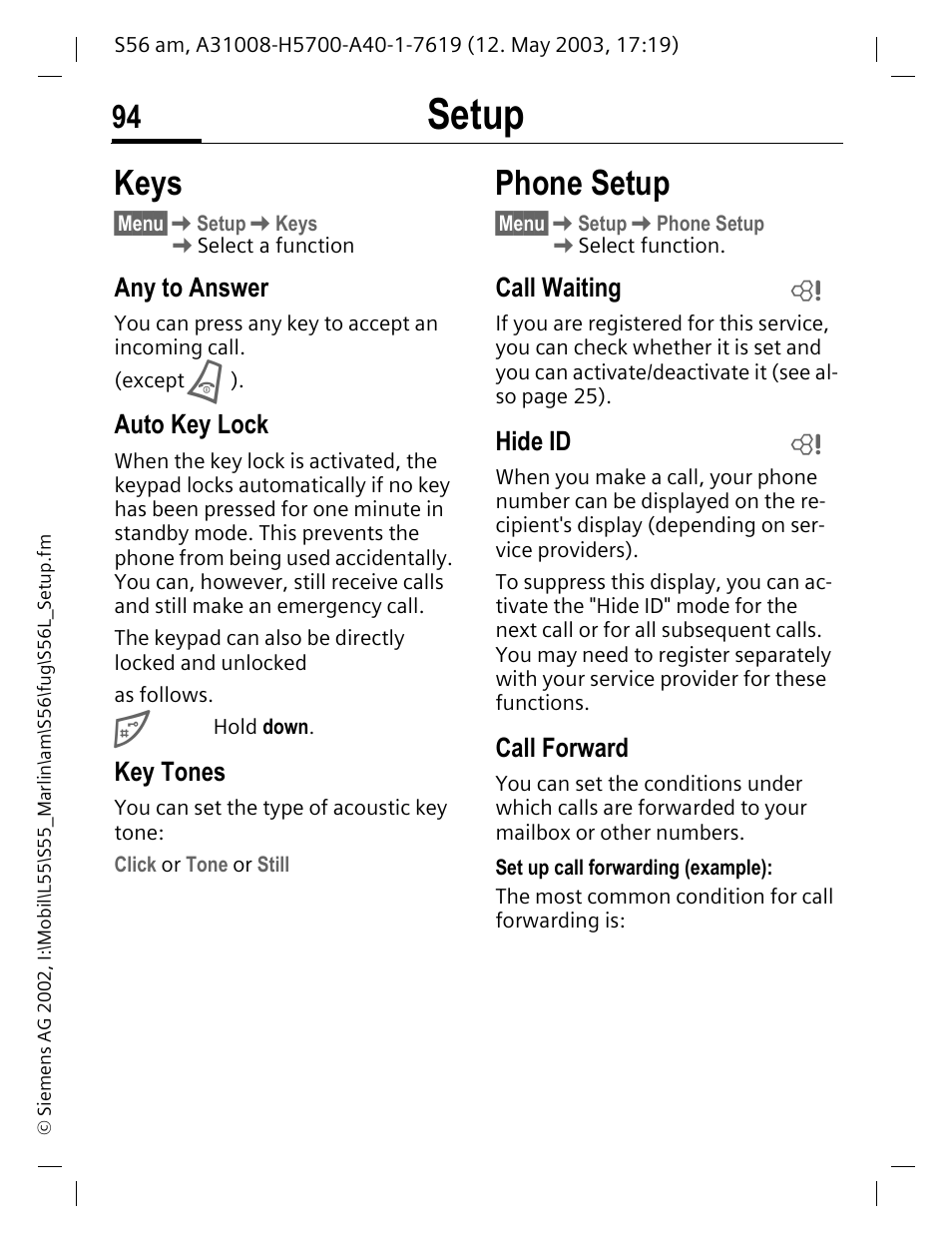 Any to answer, Auto key lock, Key tones | Call waiting, Hide id, Call forward, Keys, Phone setup, Setup | Siemens S56 User Manual | Page 94 / 152