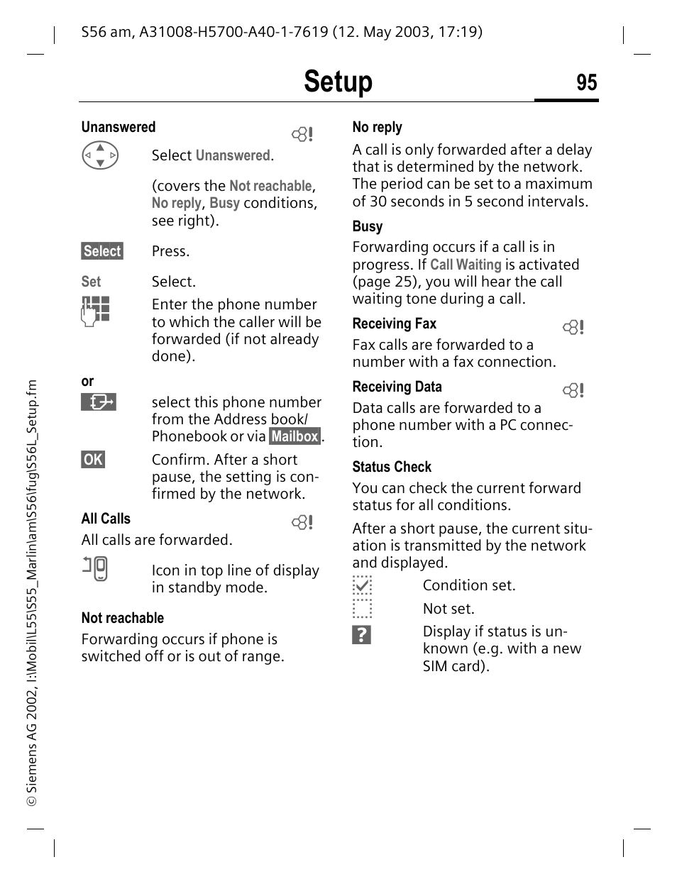 Setup | Siemens S56 User Manual | Page 95 / 152