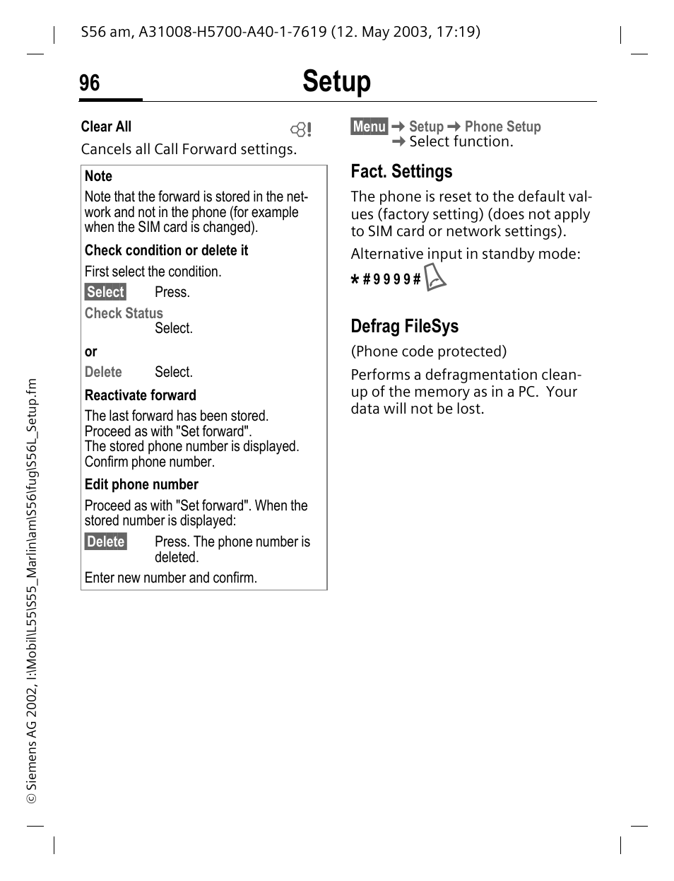 Fact. settings, Defrag filesys, Setup | Siemens S56 User Manual | Page 96 / 152