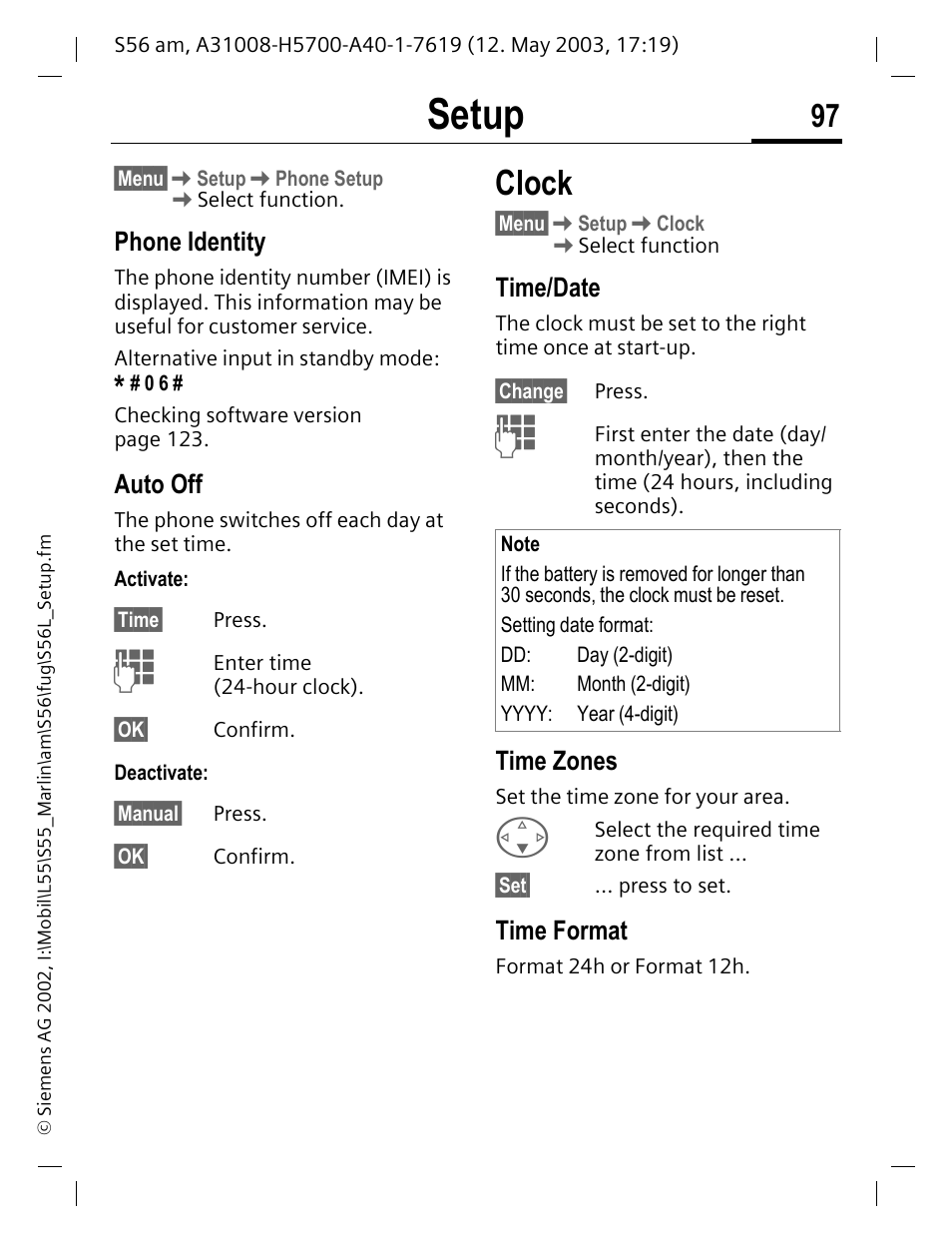 Phone identity, Auto off, Time/date | Time zones, Time format, Clock, Setup | Siemens S56 User Manual | Page 97 / 152