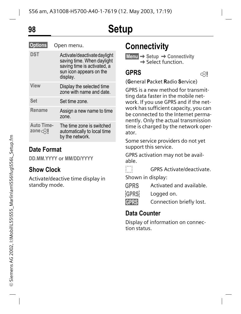 Date format, Show clock, Gprs | Data counter, Connectivity, Setup | Siemens S56 User Manual | Page 98 / 152