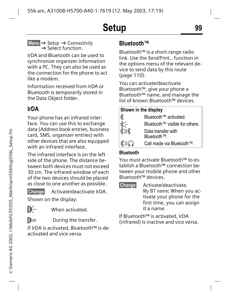 Irda, Setup, Bluetooth | Siemens S56 User Manual | Page 99 / 152