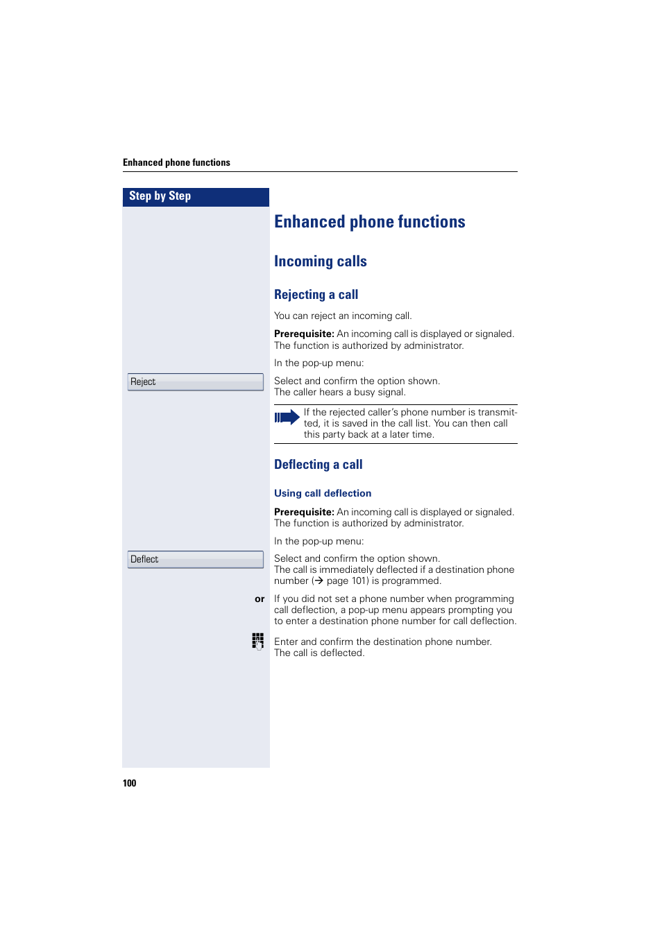 Enhanced phone functions, Incoming calls, Rejecting a call | Deflecting a call, Rejecting a call deflecting a call | Siemens HIPATH 8000 User Manual | Page 100 / 297