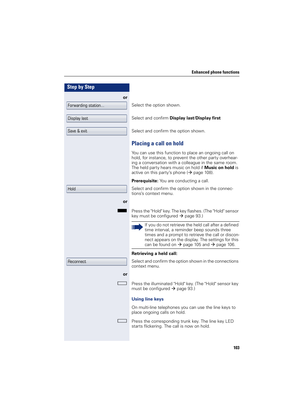 Placing a call on hold | Siemens HIPATH 8000 User Manual | Page 103 / 297