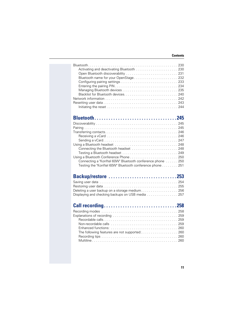 Bluetooth, Backup/restore, Call recording | Siemens HIPATH 8000 User Manual | Page 11 / 297