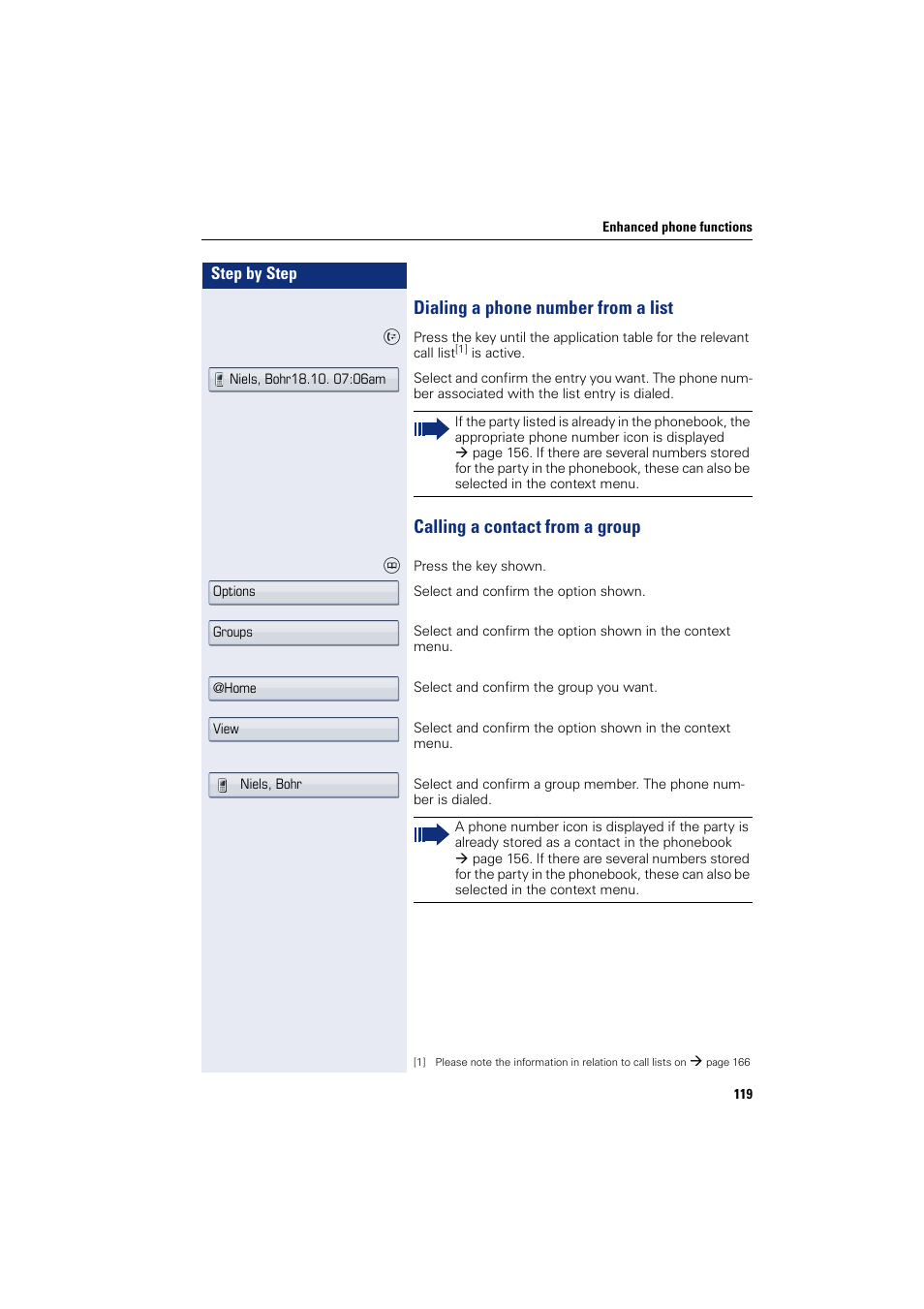 Dialing a phone number from a list, Calling a contact from a group, Number | Siemens HIPATH 8000 User Manual | Page 119 / 297