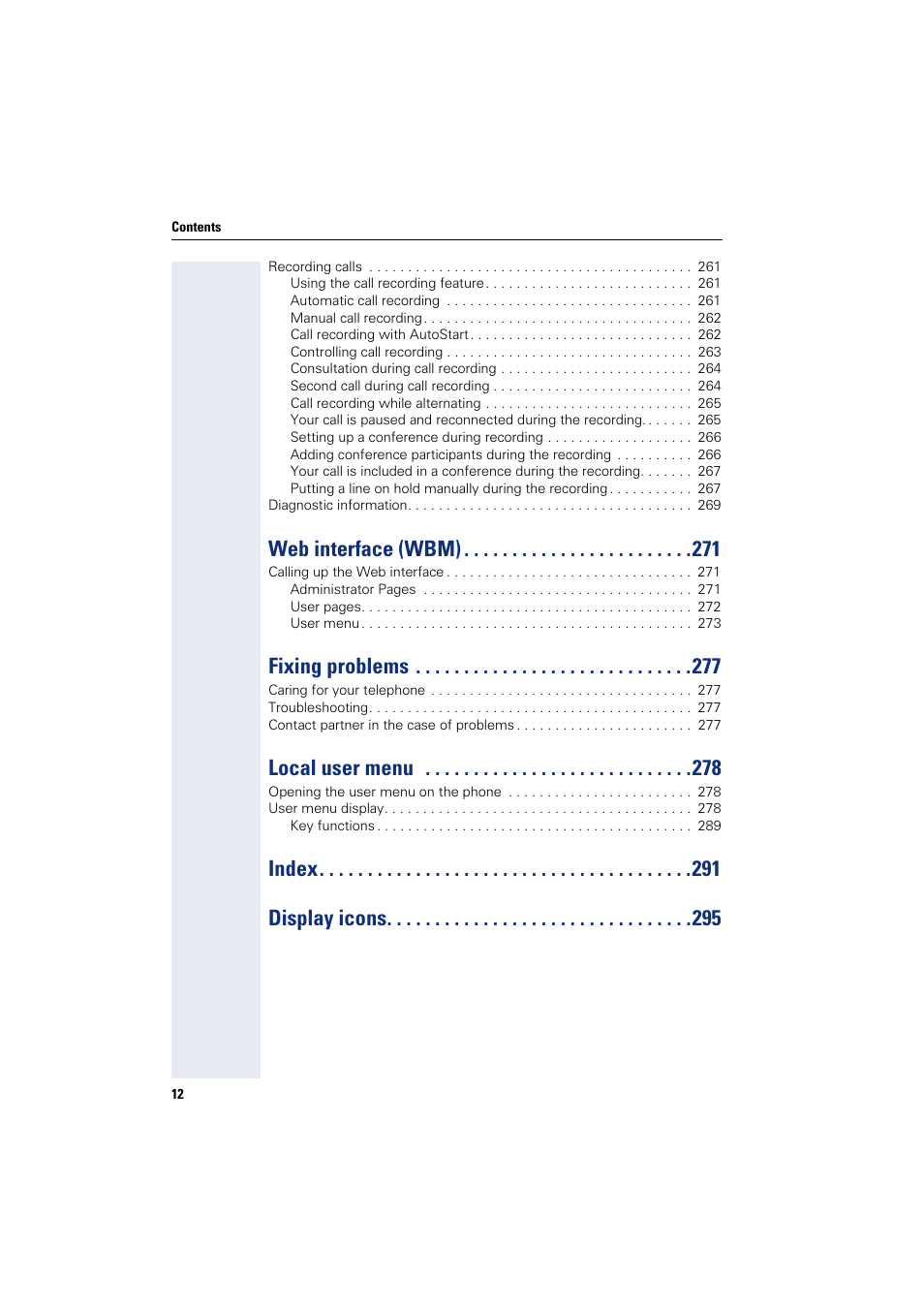 Web interface (wbm), Fixing problems, Local user menu | Index display icons | Siemens HIPATH 8000 User Manual | Page 12 / 297