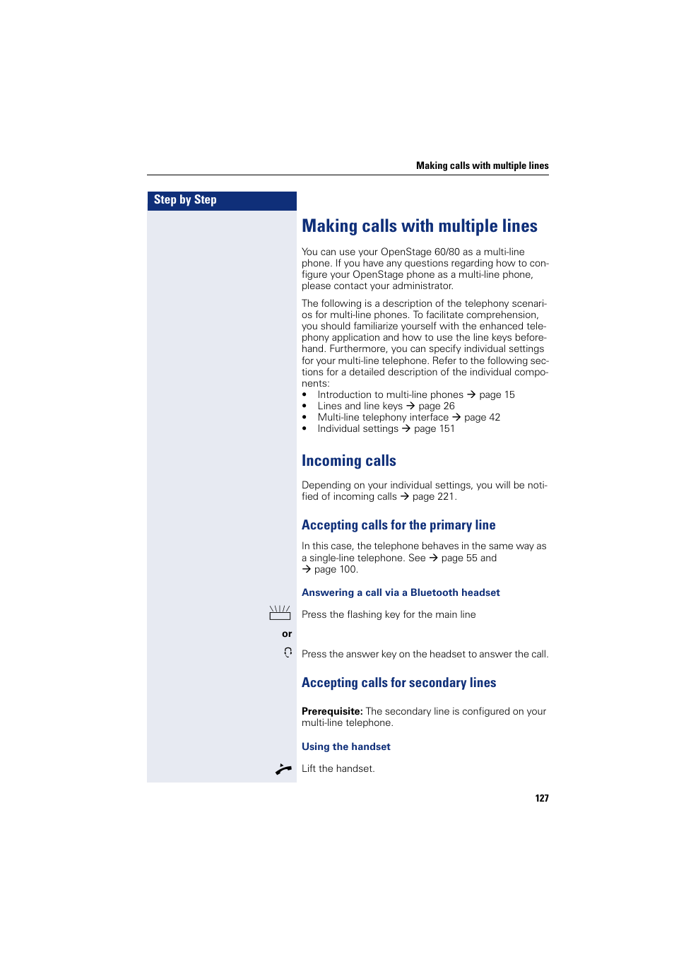 Making calls with multiple lines, Incoming calls, Line | Accepting calls for the primary line, Accepting calls for secondary lines | Siemens HIPATH 8000 User Manual | Page 127 / 297