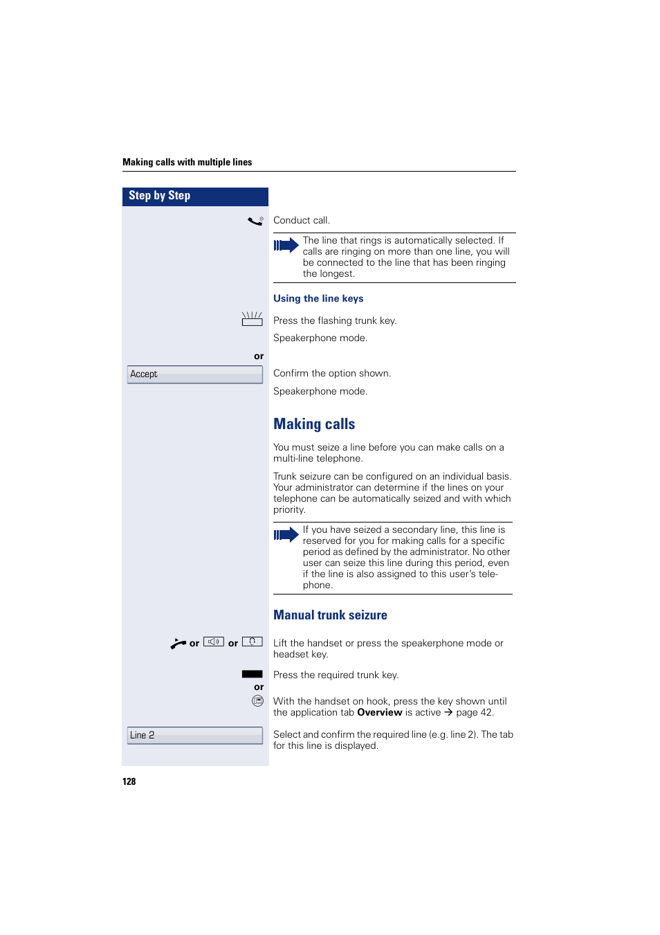 Making calls, Manual trunk seizure | Siemens HIPATH 8000 User Manual | Page 128 / 297