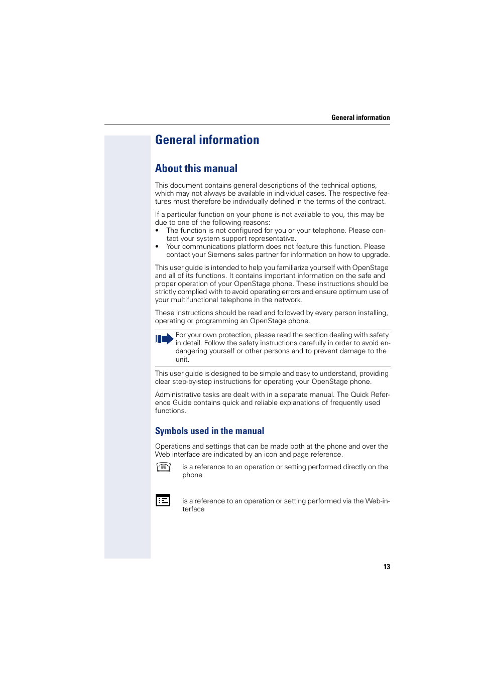 General information, About this manual, Symbols used in the manual | Siemens HIPATH 8000 User Manual | Page 13 / 297