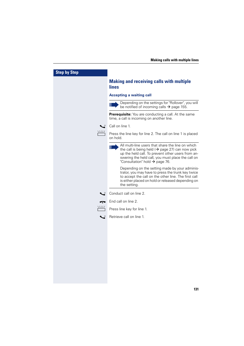 Making and receiving calls with multiple lines | Siemens HIPATH 8000 User Manual | Page 131 / 297