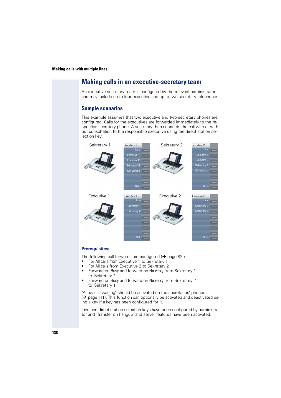 Making calls in an executive-secretary team, Sample scenarios | Siemens HIPATH 8000 User Manual | Page 138 / 297