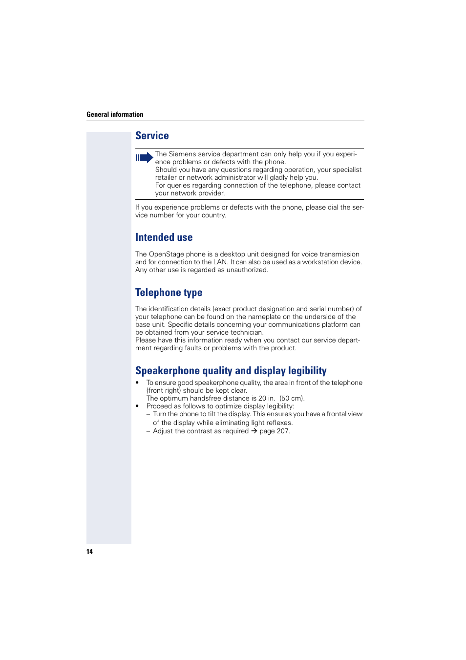 Service, Intended use, Telephone type | Speakerphone quality and display legibility | Siemens HIPATH 8000 User Manual | Page 14 / 297