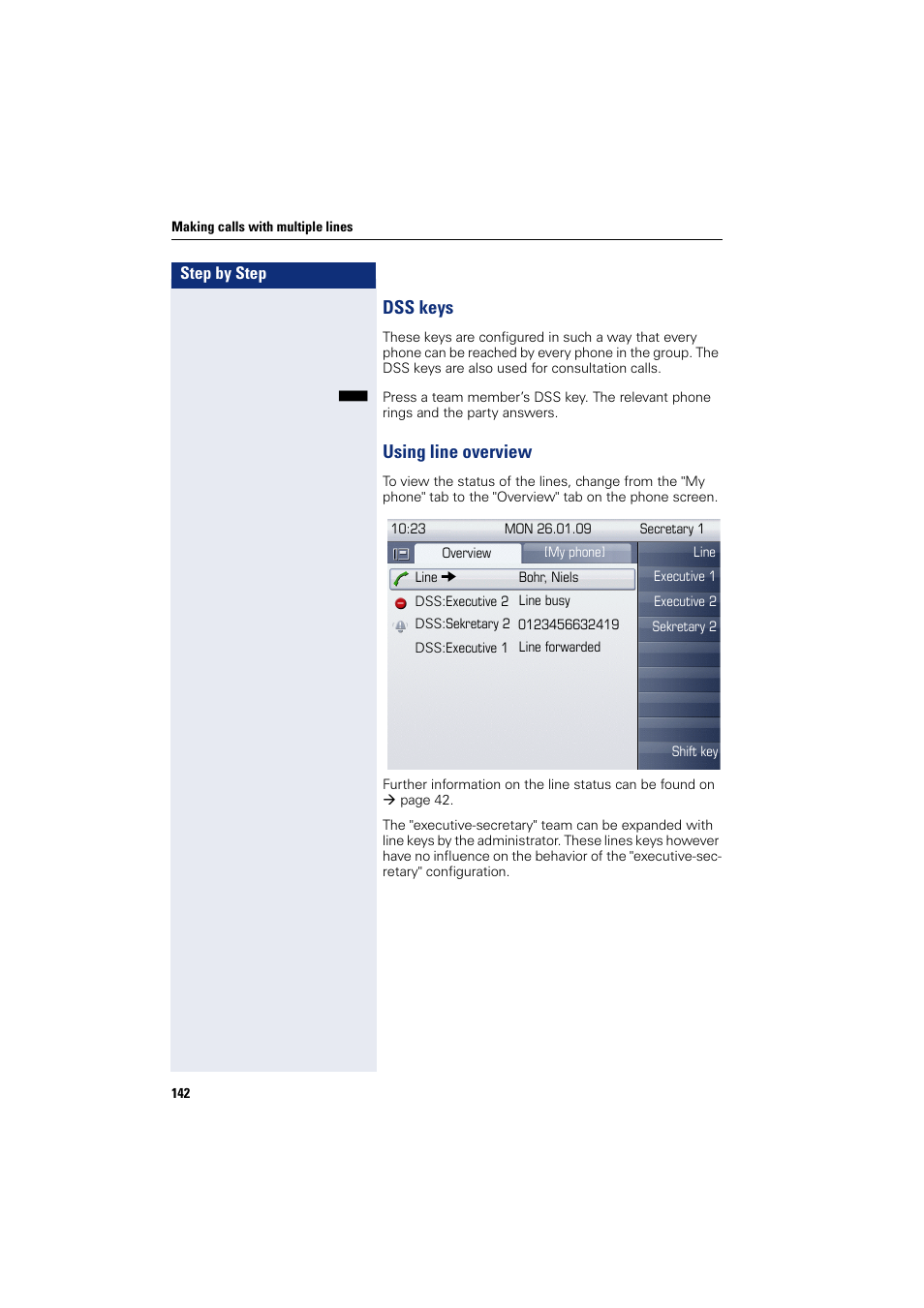 Dss keys, Using line overview, Dss keys using line overview | Siemens HIPATH 8000 User Manual | Page 142 / 297