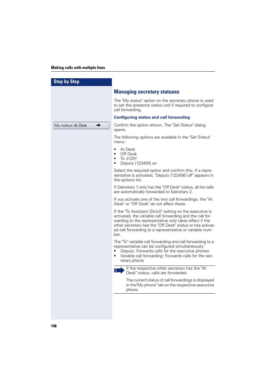 Managing secretary statuses | Siemens HIPATH 8000 User Manual | Page 148 / 297