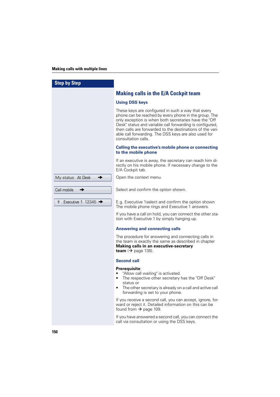 Making calls in the e/a cockpit team | Siemens HIPATH 8000 User Manual | Page 150 / 297