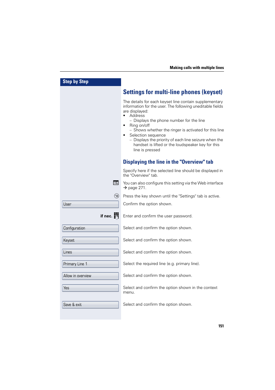 Settings for multi-line phones (keyset), Displaying the line in the "overview" tab, Ings | Siemens HIPATH 8000 User Manual | Page 151 / 297