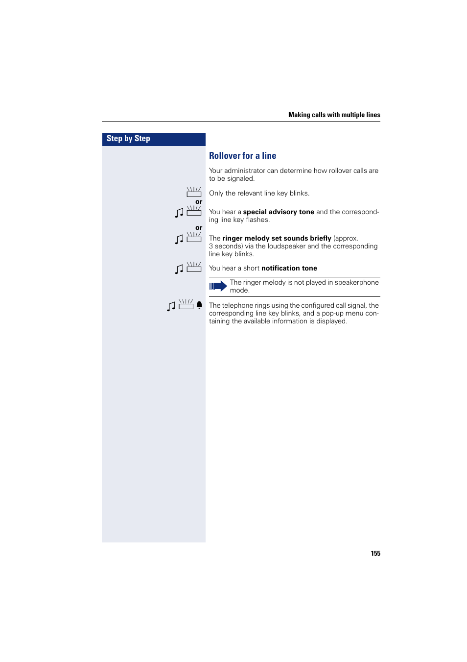 Rollover for a line, Tone, Ng calls | Siemens HIPATH 8000 User Manual | Page 155 / 297