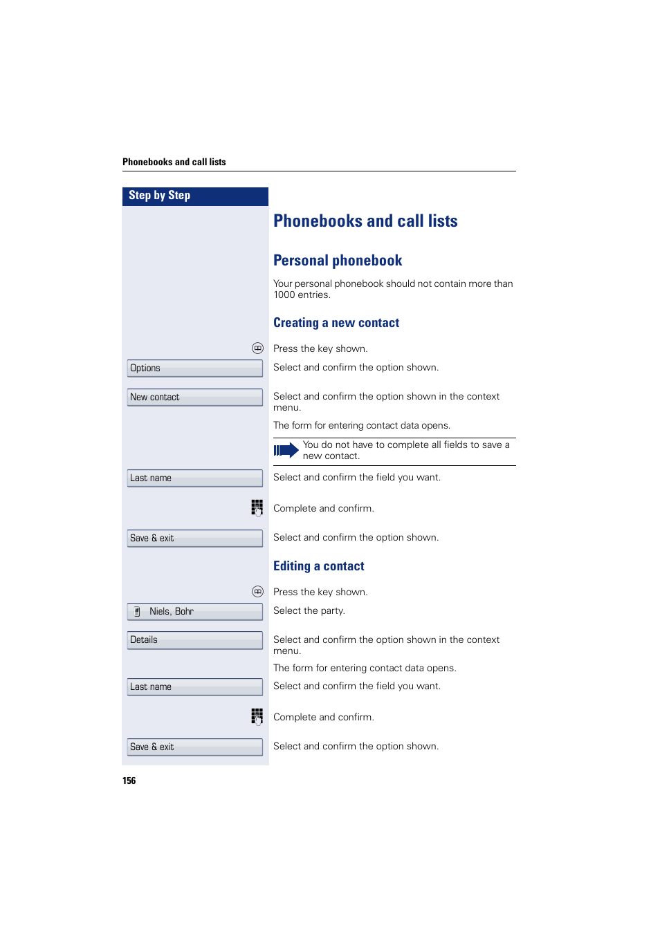 Phonebooks and call lists, Personal phonebook, Editing a contact | Creating a new contact editing a contact, T menu, Creating a new contact | Siemens HIPATH 8000 User Manual | Page 156 / 297