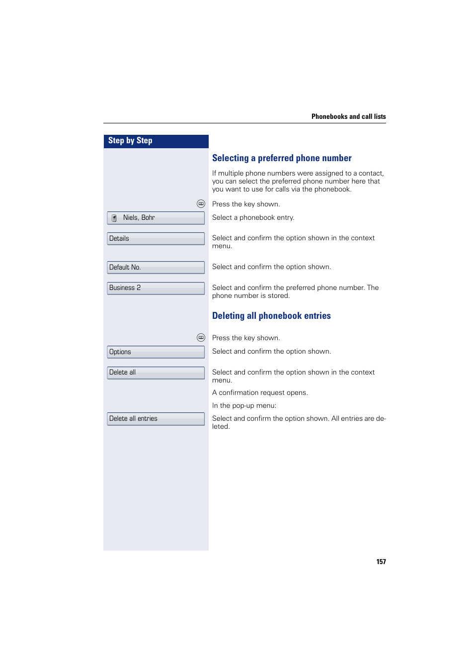 Selecting a preferred phone number, Deleting all phonebook entries | Siemens HIPATH 8000 User Manual | Page 157 / 297