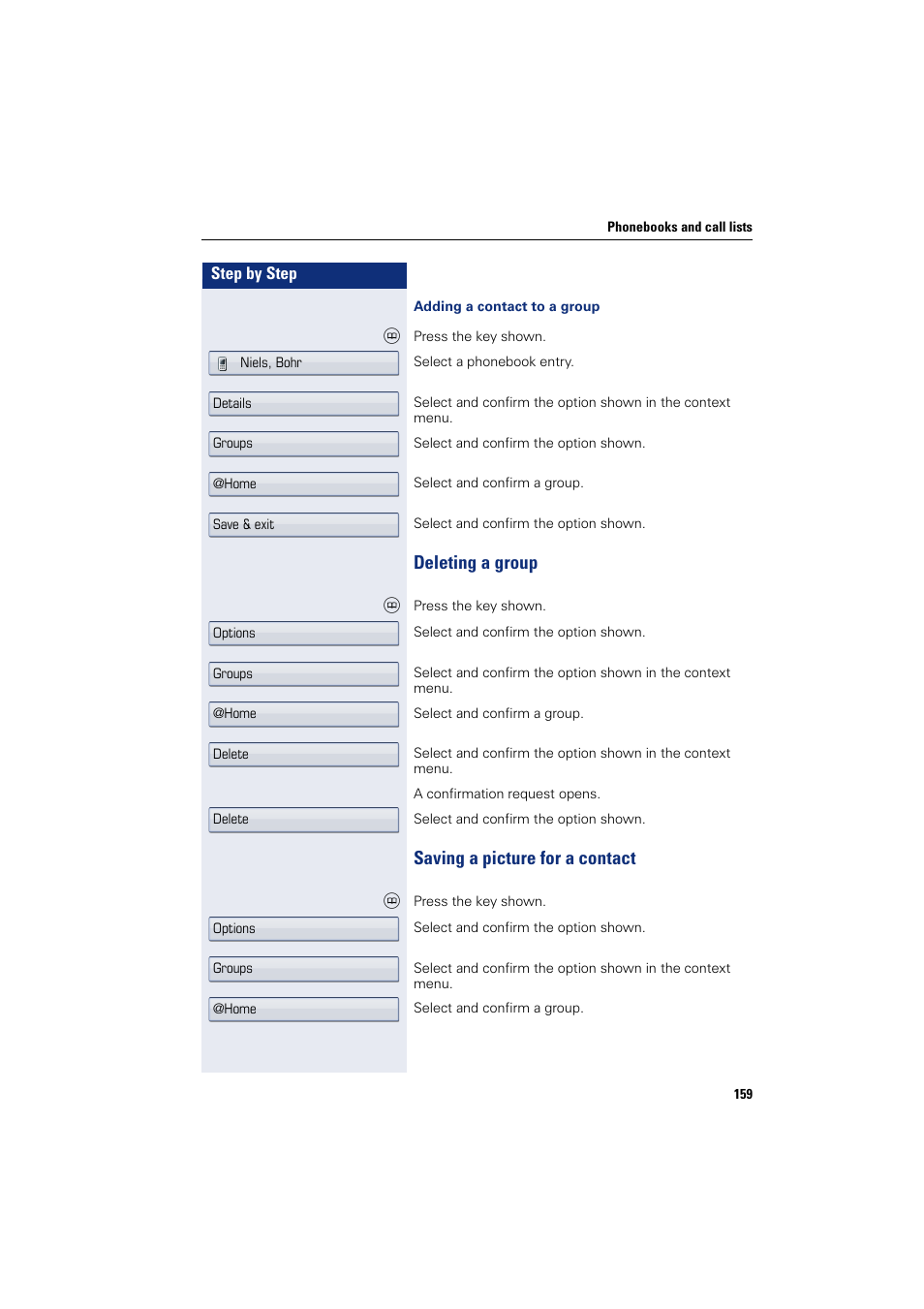 Deleting a group, Saving a picture for a contact, Deleting a group saving a picture for a contact | Siemens HIPATH 8000 User Manual | Page 159 / 297